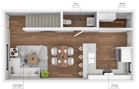 Floor plan for 2 beds, 1.5 baths, 790 sqft